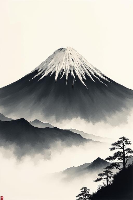墨の濃淡と力強い筆致で描かれた富士山。