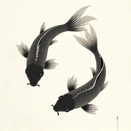 優雅に泳ぐ2匹の鯉の絵。