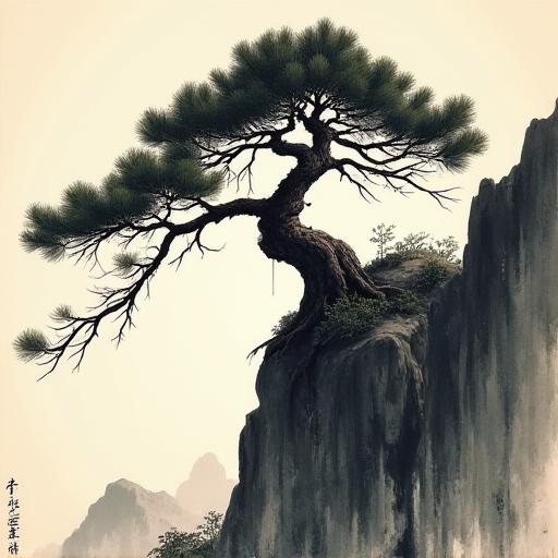 長寿を象徴する、崖の上の古く力強い松の木。