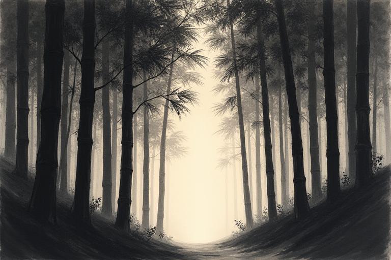 様々な墨の濃淡で描かれた、深い雰囲気の竹林。