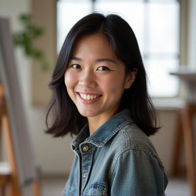 アートスタジオで笑顔を見せる田中恵子氏の顔写真。