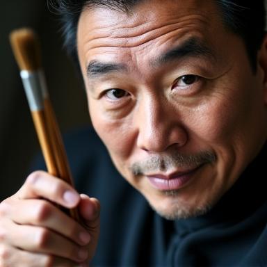 水墨画の筆を持ち、思慮深くカメラを見つめる渡辺健氏の顔写真。