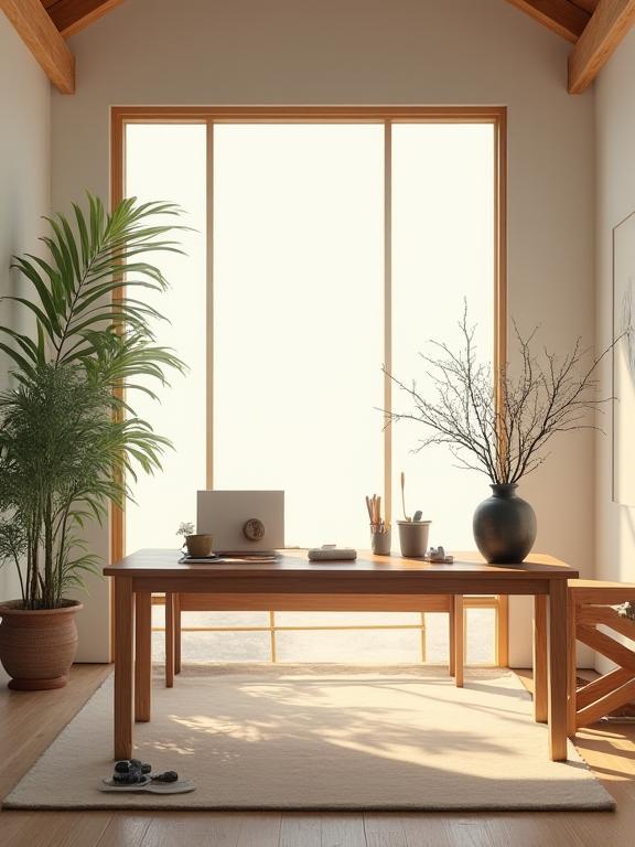 自然光が差し込む静かな水墨画スタジオの内部。木製の家具と画材が整然と並べられています。