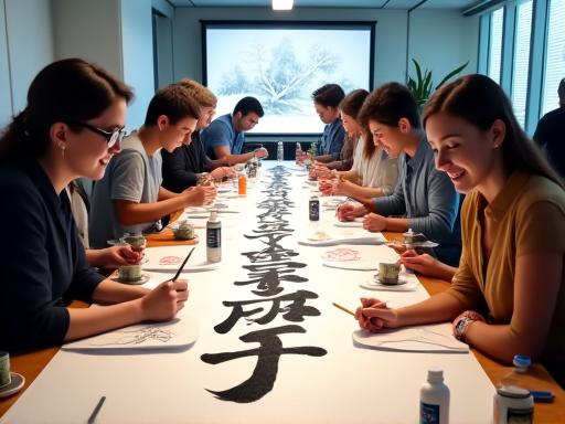 明るい会議室で、様々な企業のチームが共同で大きな水墨画に取り組んでいます。