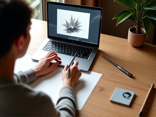 自身のデスクで、筆と紙を広げながらノートパソコンで水墨画のチュートリアル動画を視聴している人。