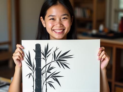 水墨画で竹の絵を描き終え、笑顔で作品を掲げる初心者の生徒。